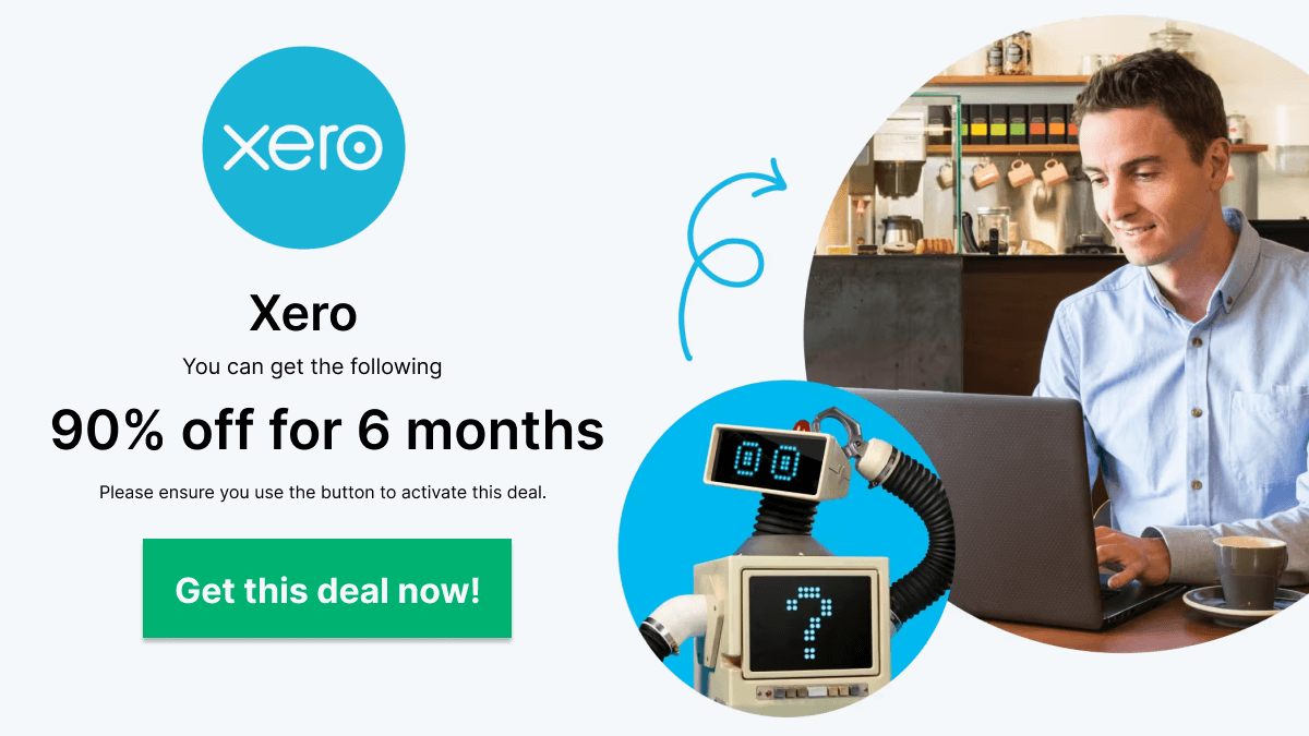 Person using a laptop with Xero logo and robot illustration, promoting 90% off Xero discount for 6 months – exclusive verified promo code for new users.
