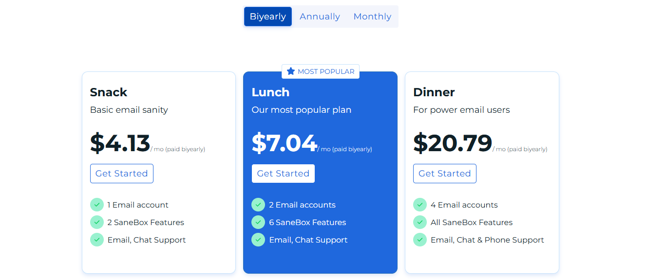 SaneBox Pricing Table