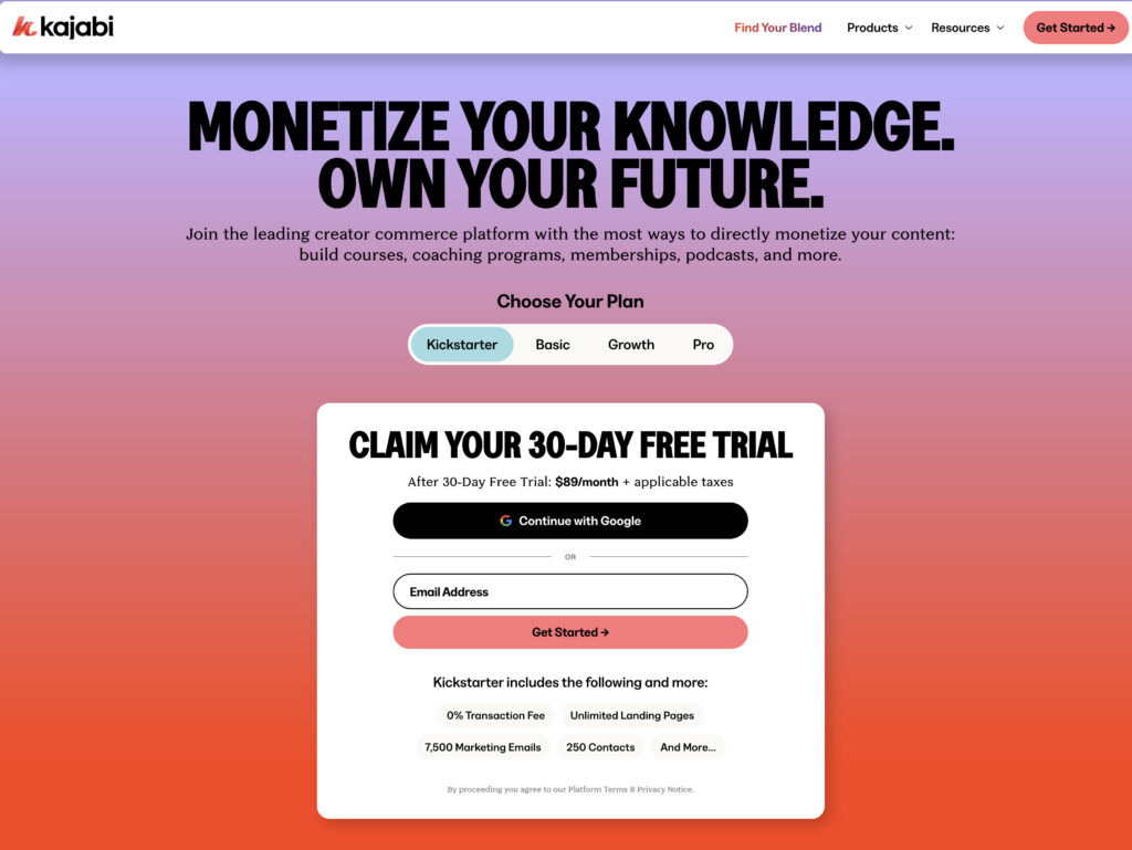 Kajabi Kickstarter plan pricing with 30-day free trial offer and feature highlights including 0% transaction fee and marketing tools.