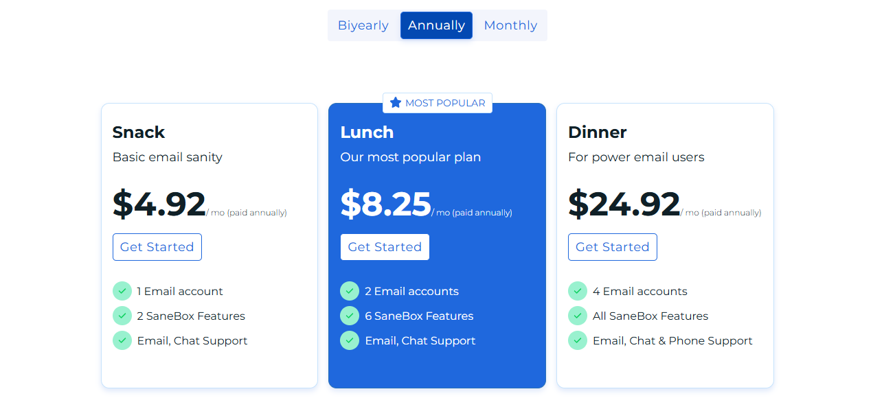 SaneBox Pricing Table