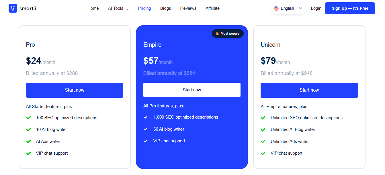 Smartli Pricing Table