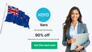 Xero 90% off promo with New Zealand flag and small business owner.