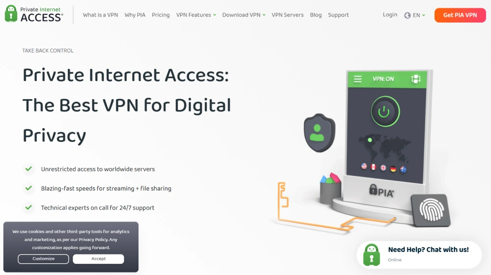 Private Internet Access VPN dashboard